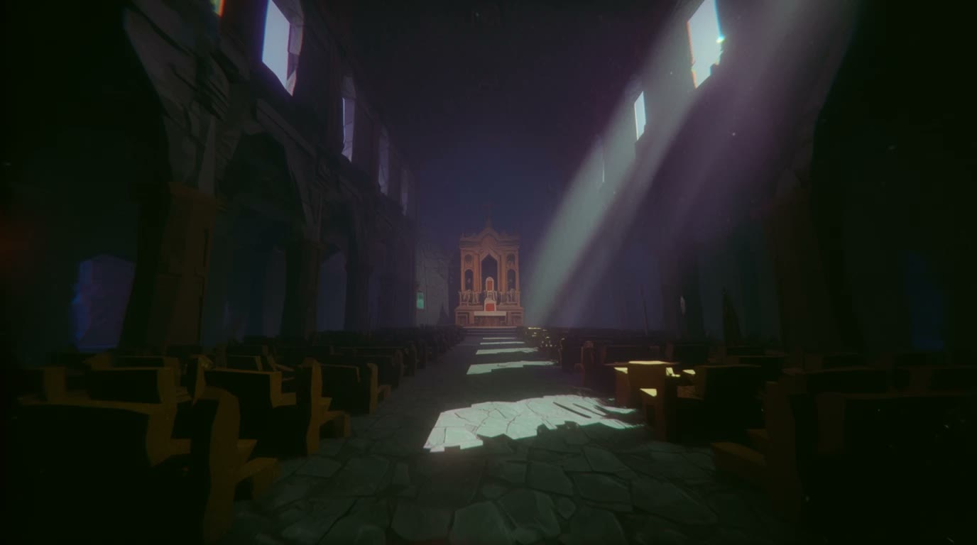 OBELISK: a ruined chapel, light falling across the pews toward the altar