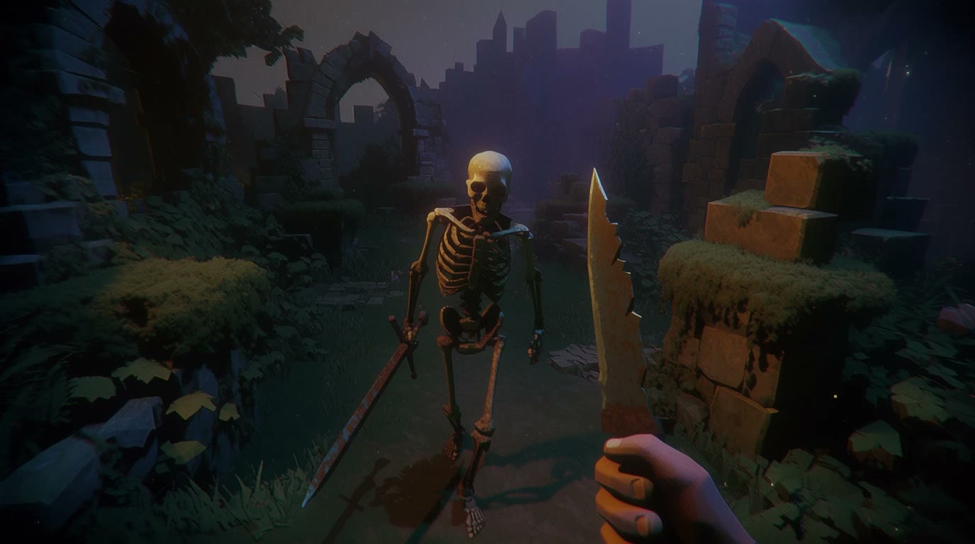 OBELISK: a skeleton guard with a sword blocks the path through overgrown ruins